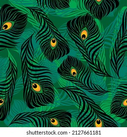 Stylish seamless pattern with peacock feathers. Vector illustration.