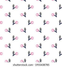 Stylish seamless pattern with pink berries, grey leaves and navy blue branches on the white background. Vector ornament for fabric, wrapping and wallpapers.