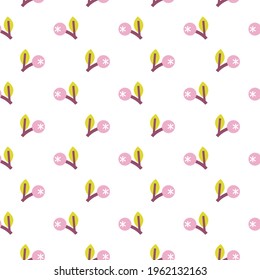 Stylish seamless pattern with pink berries, lime green leaves and purple branches on the white background. Vector ornament for fabric, wrapping and wallpapers.