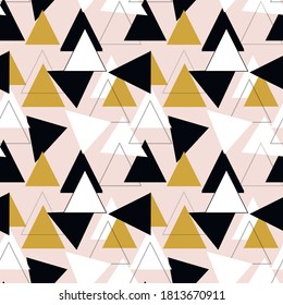 
Stylish seamless pattern. Pink, black, gold. Multi-colored triangles. Modern pattern for baby fabrics, clothes, wallpapers, backgrounds.