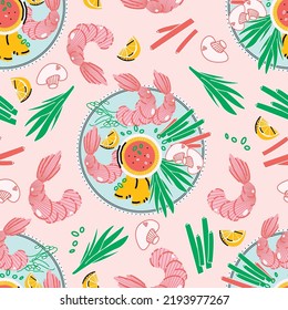 Stylish seamless pattern with plates of food. Seafood, mushrooms, vegetables. Vector background, print, design.