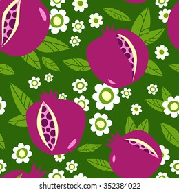 Stylish seamless pattern with pomegranates on green background of flowers and leaves