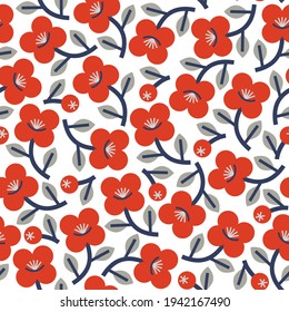 Diseño impecable con flores rojas y bayas rojas, hojas grises y ramas azul marino sobre el fondo blanco. Vector adornado con un ambiente rústico nacional para tela, envoltura y papel pintado.