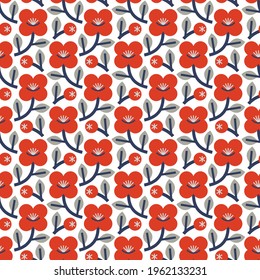 Stylish seamless pattern with red flowers and red berries, gray leaves and navy blue branches on the white background. Vector ornament with rustic national vibe for fabric, wrapping and wallpapers.