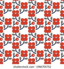 Stylish seamless pattern with red flowers, red berries, grey leaves and navy blue branches on the white background. Vector geometrical ornament with rustic national vibe for fabric and wallpaper.