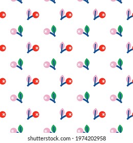 Stylish seamless pattern with red and pink berries, green and pink leaves and navy blue branches on the white background. Vector ornament for fabric, wrapping and wallpapers.