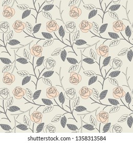 Stylish seamless pattern with roses and leaves. Image can be used for wallpapers, surface textures, textile, linen, tile, kids cloth, pattern fills and more creative designs. 