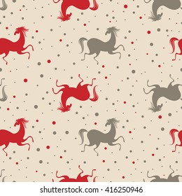 Stylish seamless pattern with running horses and dots in red, grey, brown colors. Vector trendy fashion illustration. Works well as wrapping paper, print, background. Animal concept vintage design