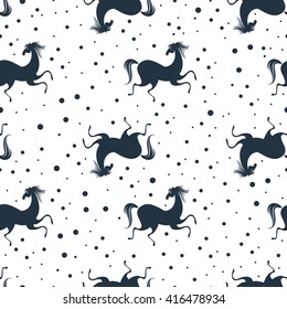 Stylish seamless pattern with running horses and dots in black, grey, white colors. Vector trendy fashion illustration. Works well as wrapping paper, textile print, background. Animal vintage design