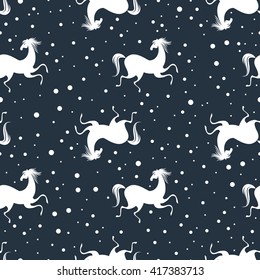 Stylish seamless pattern with running horses and dots in black, grey, white colors. Vector trendy fashion illustration. Works well as wrapping paper, textile print, background. Animal vintage design