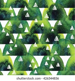 
Stylish seamless pattern in Scandinavian style. Texture watercolor paint and vector drawing by hand. Abstract background with triangles .