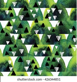 
Stylish seamless pattern in Scandinavian style. Texture watercolor paint and vector drawing by hand. Abstract background with triangles .