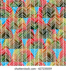 Stylish seamless pattern in Scandinavian style. Texture watercolor paint and vector drawing by hand. Abstract background with zigzags .
