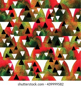 Stylish seamless pattern in Scandinavian style. Texture watercolor paint and vector drawing by hand. Abstract background with triangles .
