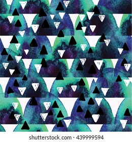 Stylish seamless pattern in Scandinavian style. Texture watercolor paint and vector drawing by hand. Abstract background with triangles .
