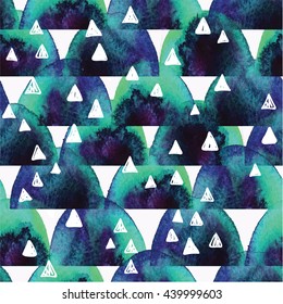 Stylish seamless pattern in Scandinavian style. Texture watercolor paint and vector drawing by hand. Abstract background with triangles .