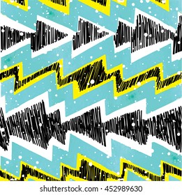 Stylish seamless pattern in Scandinavian style. Texture watercolor paint and vector drawing by hand. Abstract background with zigzags .