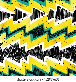 Stylish seamless pattern in Scandinavian style. Texture watercolor paint and vector drawing by hand. Abstract background with zigzags .