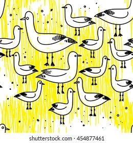 
Stylish seamless pattern with seagulls . The pattern in marine style . Simple funny freehand drawing .
