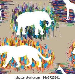 
Stylish seamless pattern with silhouette. Multicolored, bright picturesque animals. Stripes, dots pattern. Bright, colorful. Ethnic African. Savannah animals.
