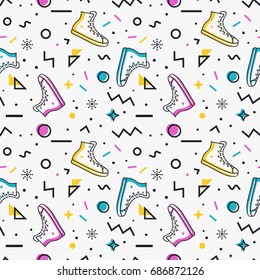 Stylish seamless pattern with sneakers and abstract geometric shapes in memphis style. Trendy vector background in white, blue, pink, yellow and black colors.