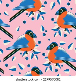 Patrón impecable con fincas de nieve, hojas y bayas. Fondo vectorial, impresión, diseño. Aves. 