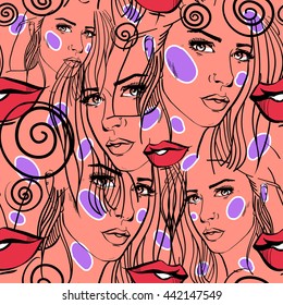 Stylish seamless pattern in the style of pop art comic book. beautiful girl like a cartoon