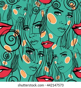 Stylish seamless pattern in the style of pop art comic book. beautiful girl like a cartoon