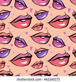 Stylish seamless pattern in the style of pop art comic book. beautiful lips like a cartoon