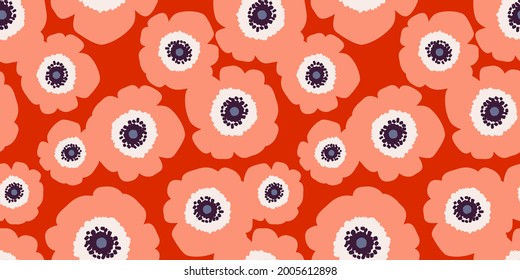 Stylish seamless pattern with stylized flowers. Vector floral background with red background and pink anemone flowers. Floral pattern for fabric, wallpapers and wrapping paper.