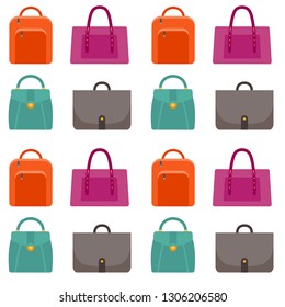 Stylish seamless pattern with trendy women's bags and handbags. Background with fashionable leather accessories. Vector illustration for surface pattern design, wallpaper, textile
