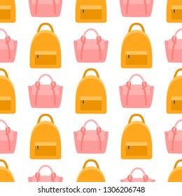 Stylish seamless pattern with trendy women's bags and handbags. Background with fashionable leather accessories. Vector illustration for surface pattern design, wallpaper, textile