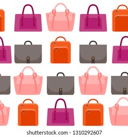 Stylish seamless pattern with trendy women's bags and handbags. Background with fashionable leather accessories. Vector illustration for surface pattern design, wallpaper, textile