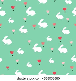 Stylish Seamless pattern with tulips and rabbits on green background. Spring wrapping paper. Hand drawn Vector illustration. Nature texture.
