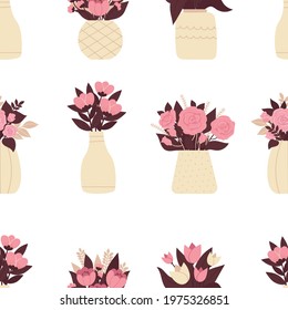 Stylish seamless pattern with vases of flowers. Beautiful spring bouquets, packaging design, wedding decoration. Flat illustration on white background