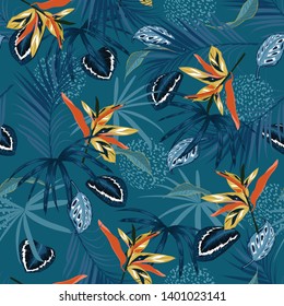 Stylish  Seamless pattern vector dark Tropical jungle and monotone  palm leaves, exotic palnts with animal skin  floral  design for fashion,fabric,web,wallpaper,and all prints on dark blue