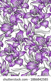 Stylish Seamless pattern vector with hand drawn ornate leaves and flowers Lily. Blooming flowers in line sketch mood. Design for fashion fabric, bedding, wallpaper and prints.