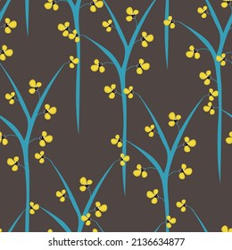 Stylish seamless pattern. Vector print texture with small yellow flowers on blue trees. Botanical composition on a gray background. Repeat design for decor, packaging print, fabric, banner, tiles