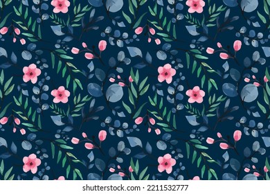 Stylish seamless pattern of watercolor flowers, leaves, branches and flower buds. Elegant floral background for cloth design, covers, wallpapers, print, gift wrap, holiday cards. In vector.