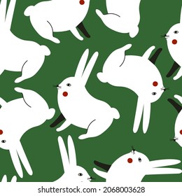 Stylish seamless pattern with white rabbits on green background. Creative childish texture for fabric, wrapping, textile, wallpaper, apparel. Vector illustration. Cute retro animal print.