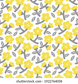 Stylish seamless pattern with yellow cherry flowers and grey leaves on the white background. Vector pattern with tiny flowers in pantone 2021 colors.