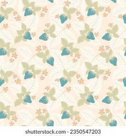 Estilosos patrones impecables con fresa azul, flores anaranjadas y hojas verdes sobre fondo beige. Diseño de vectores para papeles pintados, tejidos, baldosas, decoración, empaque, productos de lino, papel, cubierta
