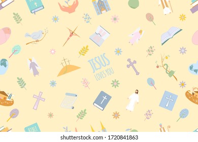 Stylish seamless patterns with funny cartoon bible characters on a light background. The baptism of Jesus Christ. John the Baptist Christianity Word of God Jesus Christ Holy places. Bible study 