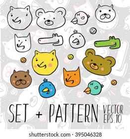 stylish seamless patterns with funny cartoon animals in vector. childish background
