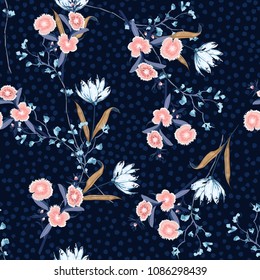 Stylish Seamless pink floral pattern with blooming ,Flowers  on hand drawn on tone polka dot background. Vector summer for fashion fabric and all prints on navy blue color