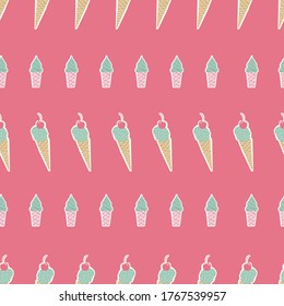 Stylish Seamless pink and green Ice cream cone pattern. Fun summer seamless vector pattern for kids or teens.