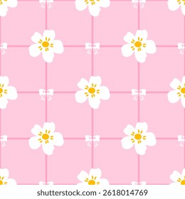 Stylish seamless sakura pattern with geometric gingham texture. Designed for pastel-themed fabric, modern kids clothing, and elegant decorative prints