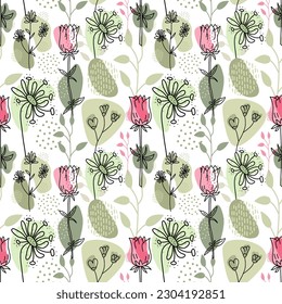 Stylish seamless spring print design with flowers for textiles and dresses. Tulips and wildflowers, in doodle styles. For printing on fabric, wallpaper, paper, curtains, wrapping paper.