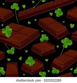 Stylish seamless St. Patrick's day background with clover leaves and chocolate bars. Vector illustration