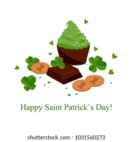 Stylish seamless St. Patrick's day background with clover leaves chocolate bars, green cupcakes, and coins. Vector illustration